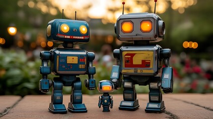 Fototapeta premium Robot Family Sunset Park Portrait.
