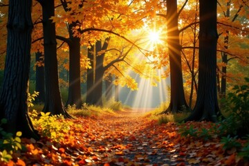 Sun-dappled path winds through vibrant autumn forest Golden leaves carpet the ground , October, path
