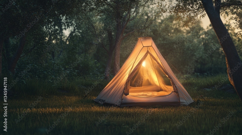 Poster illuminated tent in a tranquil forest at dusk.