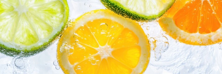 Citrus Medley Afloat In Bubbly Transparent Water.