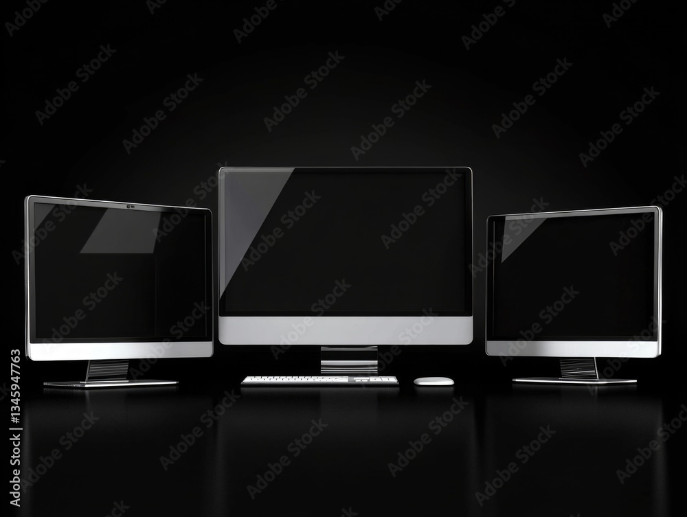Poster three computer monitors placed together, ideal for workspace or presentation purposes