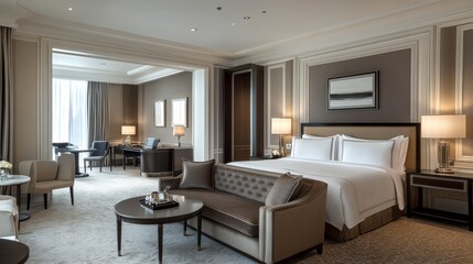 Elegant Hotel Suite Interior with Plush Furnishings and Neutral Color Palette