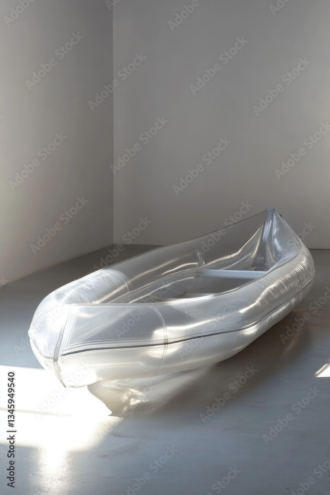 Poster a single plastic boat sits on a floor, ready for use or display