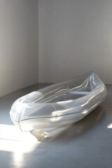 A single plastic boat sits on a floor, ready for use or display
