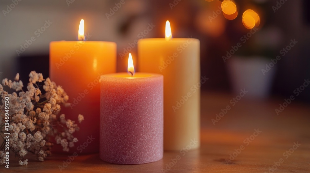 Poster three candles on a rustic wooden table, perfect for a cozy setting or as a decorative element
