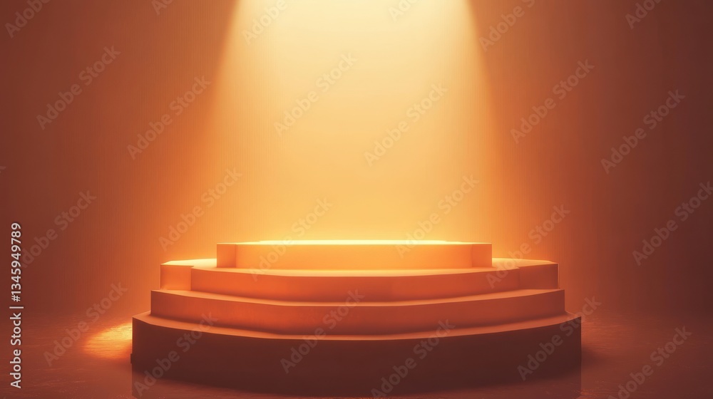 Poster illuminated three-tiered platform in warm light.