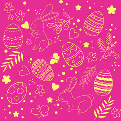 Pink and yellow Easter seamless square pattern with Easter bunny Easter egg and festive decorative elements in minimalist style.