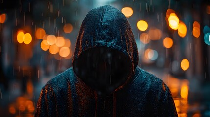"Mysterious Figure in Black Hoodie Braving the Rain"