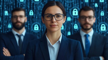 Cybersecurity professionals collaborate on data protection strategies in a high-tech office environment emphasizing teamwork and innovation
