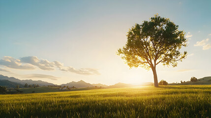 Obraz premium Majestic Tree Silhouetted Against Golden Sunset Sky in Lush Green Field