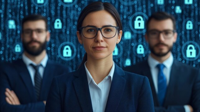 Cybersecurity professionals collaborate on data protection strategies in a high-tech office environment emphasizing teamwork and innovation
