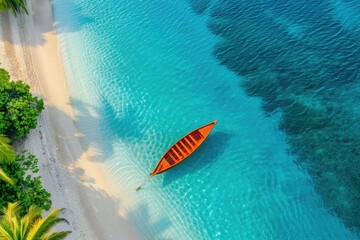 Detailed Color Image of Canoe Over Turquoise Waters Near Tropical Beach