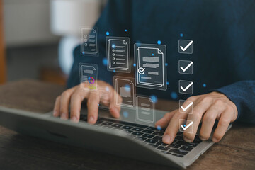 Businessman show digital document management system virtual in of front him. Managing corporate file information, Efficient document management with technology for archiving.