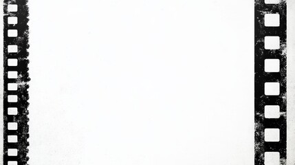 A vintage film strip borders a blank white background, evoking nostalgia and creativity in photography or filmmaking.
