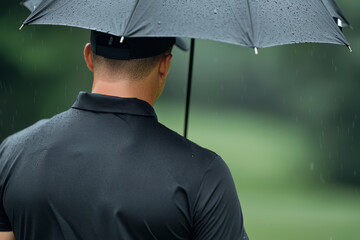 Golfer shelters from light rain with umbrella, looking determined on golf course