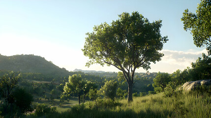Green Trees And Lush Vegetation On Hillside Under Clear Sky In Sunlight