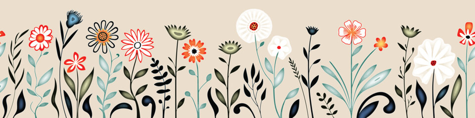 Hand drawn grass and flowers, spring meadow, seamless border, vector illustration