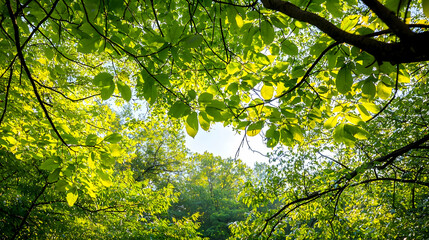 Fototapeta premium Vibrant Green Leaves Forming Canopy Illuminated By Sunlight With Bright Blue Sky Through Branches