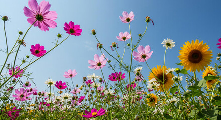 Fototapeta premium Vibrant Summer Meadow Cosmos Flowers Sunflowers and Blue Sky