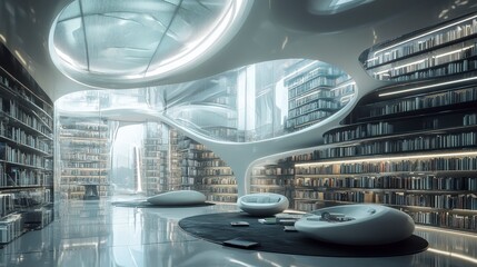 Futuristic Library Interior Sleek White Seating and Organic Architecture