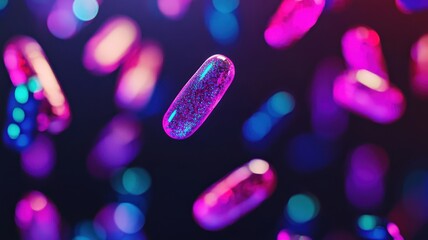 Colorful capsules floating in vibrant lighting create a mesmerizing backdrop of abstract form and texture