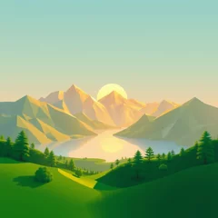 Fototapete Mountain landscape with a tranquil river and sunrise in a geometric style © awan