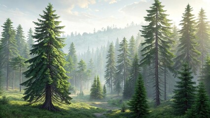 Tranquil forest landscape with morning sunlight
Scenic woodland illustration with misty atmosphere