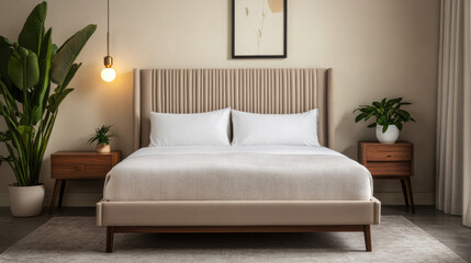 A modern, elegant bedroom featuring a sleek upholstered bed in a muted taupe shade, layered with crisp white and gray bedding