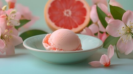 37. A scoop of pink grapefruit ice cream resting on a pastel blue saucer with soft lighting
