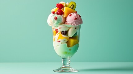 38. A sundae layered with colorful scoops and fruit toppings in a pastel mint green glass