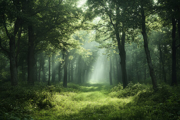 Obraz premium sunlight streaming through lush green forest pathway