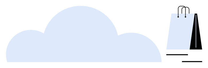 Large cloud shape next to minimalistic shopping bags, representing digital commerce, cloud storage, and online platforms. Ideal for retail, technology, data, marketing, solutions innovation flat