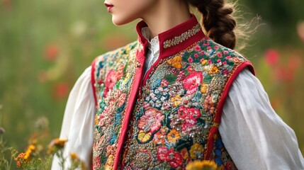 Obraz premium A person dressed in a bright vest stands amidst blooming flowers, perfect for nature or outdoor-themed projects