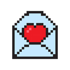 Obraz premium Pixel envelope shape. Red heart detail. Vector love icon. Retro pixel style.