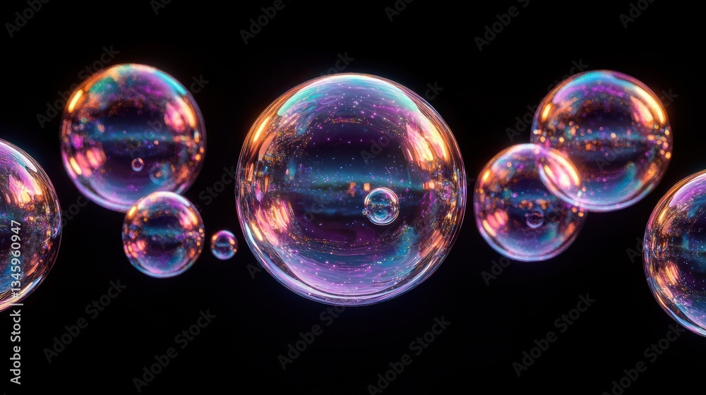 Poster Iridescent soap bubbles floating in dark background.