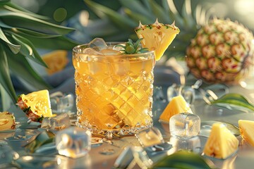 Flawless Visual of Iced Tea with Pineapples, Surrounded by Pineapple and Ice Cubes