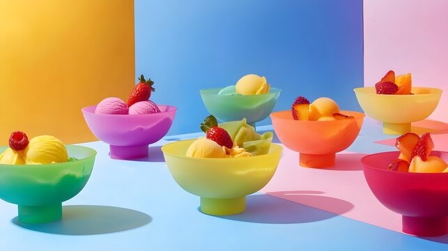 55. A vibrant display of fruit sorbets in colorful bowls on a pastel gradient surface