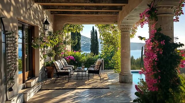Idyllic seaside villa terrace with stunning floral arrangements and ocean views