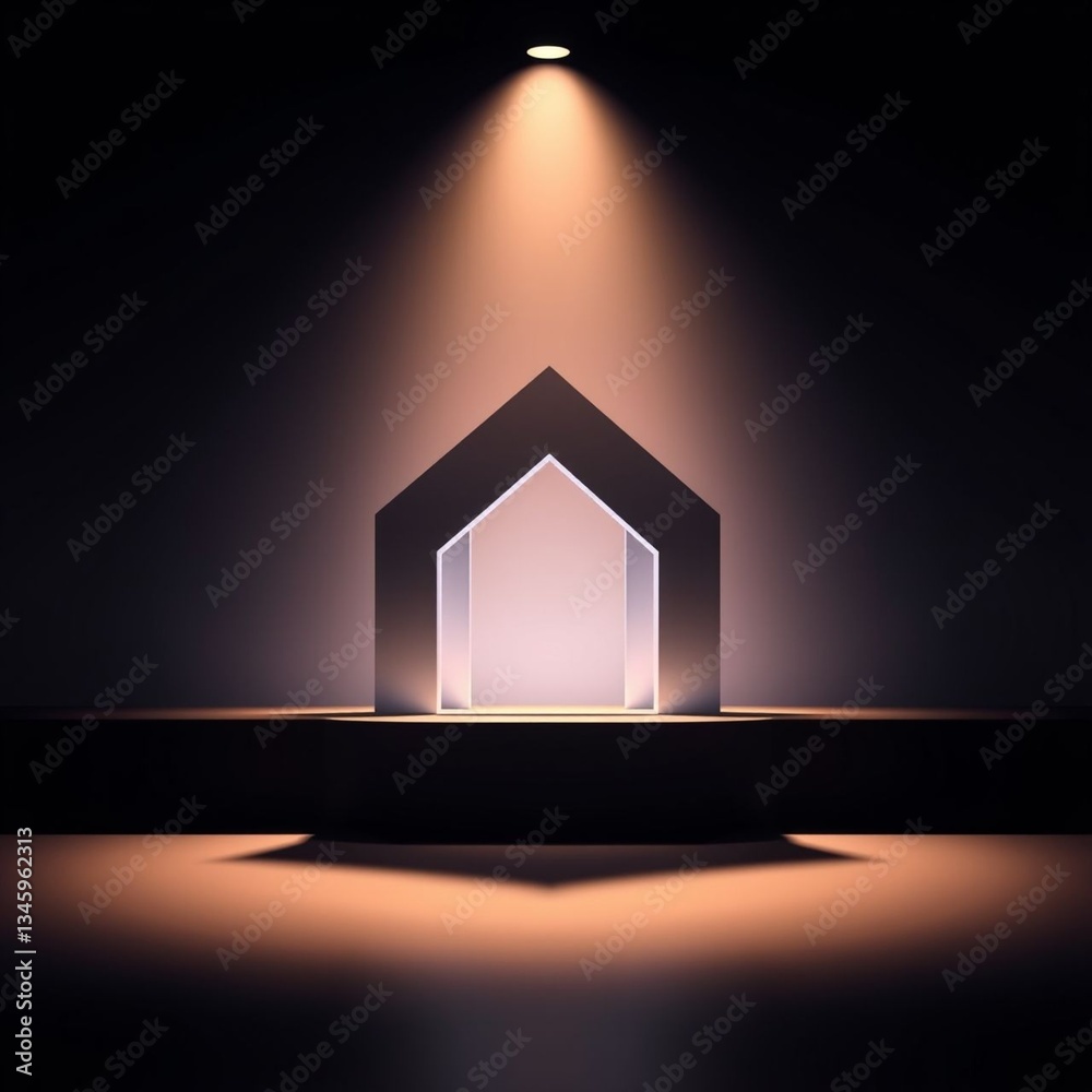Wall mural modern illuminated house sculpture in a dark setting showcasing minimalistic design and depth of lig