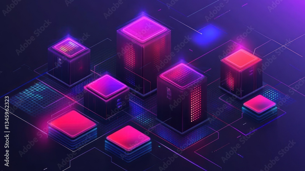 Poster isometric illustration of glowing data servers connected by digital pathways.