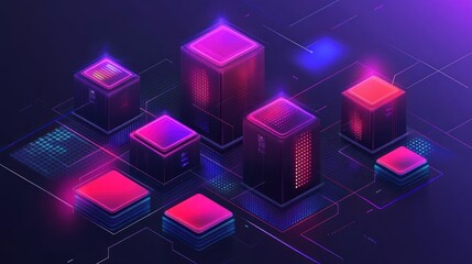 Isometric illustration of glowing data servers connected by digital pathways.