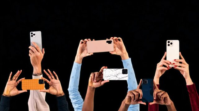 People holding smartphones animated overlay, transparent 4K video, alpha channel, ProRes 4444