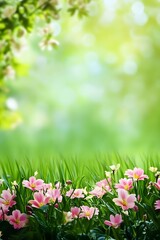 Beautiful pink flowers blooming in green grass during springtime