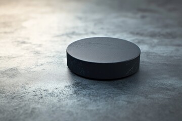 A single hockey puck sits on top of a gray cement floor, ready for a game or practice