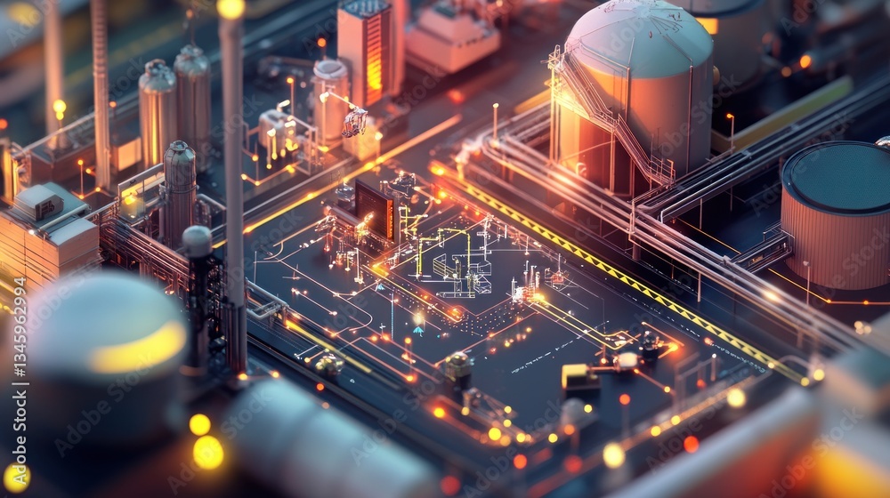 Leinwandbilder isometric view of an illuminated industrial complex at night, showcasing intricate pipelines and str