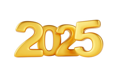 2025 Happy New Year golden number design on white background 3d render. Elegant gold metal font typography for poster, banner, calendar, greeting card and Christmas celebration 2025