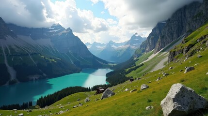 Obraz premium Cloudy mid-day view of Grimsel Pass in Switzerland, with mist rolling over rugged peaks. A moody, overcast mountain scene with diffused light.