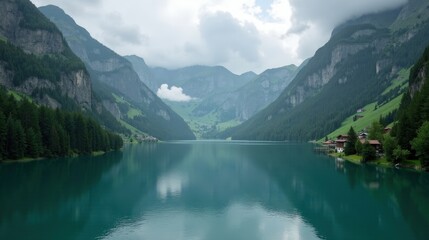Lake Bachalpsee in Switzerland on a rainy midday, viewed from above. Fog drapes over the mountains, and the lake's reflective surface is disturbed by falling raindrops.