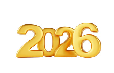 2026 Happy New Year golden number design on white background 3d render. Luxury gold metal font typography for poster, banner, calendar, greeting card and Christmas celebration 2026