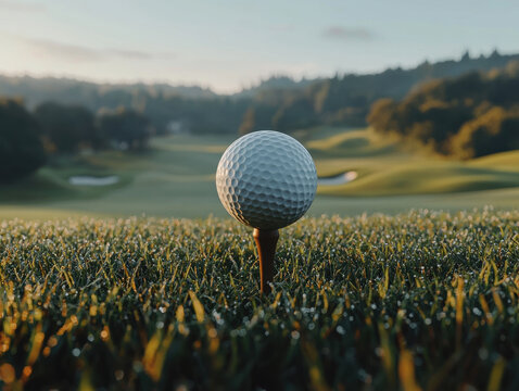 Vibrant golf ball on a wooden tee amidst a lush green course in soft morning light